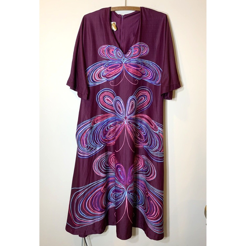 MW Collection Vintage Caftan Womens Small 10/12 Purple Butterfly Maxi 70s READ